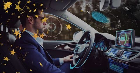 Futuristic Car UX with Holographic Controls and Gold Confetti