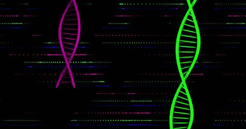 Futuristic DNA Strands amid Digital Patterns on Black Background