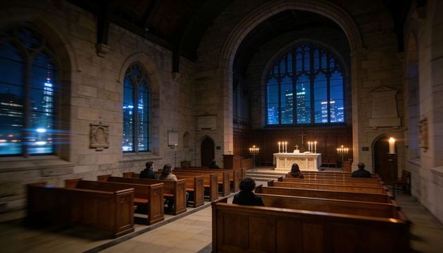 Solitary worshipper sitting candlelit gothic chapel facing altar beneath arched night window