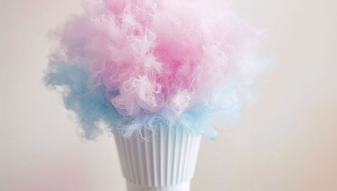 Pastel Cotton Candy Bouquet Floating on White Fluted Cup, Soft Pink and Blue Confection