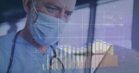 Masked doctor analyzing digital medical charts on tablet with stethoscope and data overlay