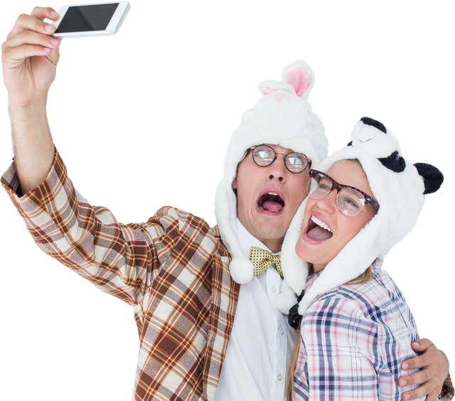 Transparent geeky hipster couple taking selfie in funny animal hats - Download Free Stock Videos Pikwizard.com