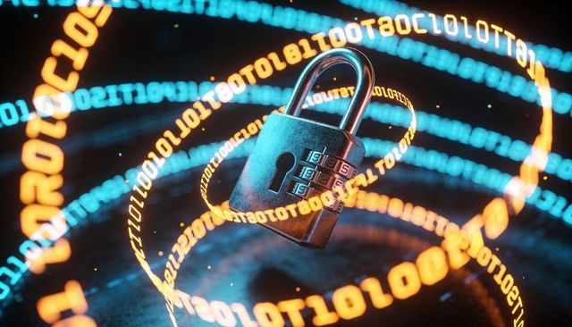 Floating Combination Padlock Surrounded by Streaming Binary Code Representing Cybersecurity
