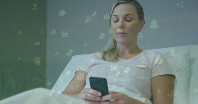 Businesswoman Using Smartphone with Overlay of Financial Icons - Download Free Stock Images Pikwizard.com