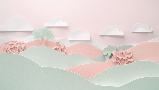 Layering pastel paper-cut hills and trees creating whimsical minimal paper diorama