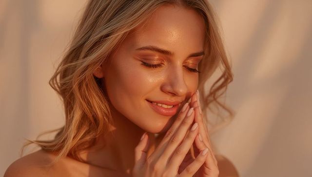 Golden glow portrait of smiling blonde woman with manicured nails and bare shoulders
