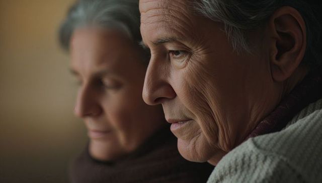 Senior couple sharing quiet moment wearing knitted sweaters warm intimate closeup