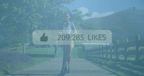 Smiling Woman on Scooter with Virtual Like Counter Overlay