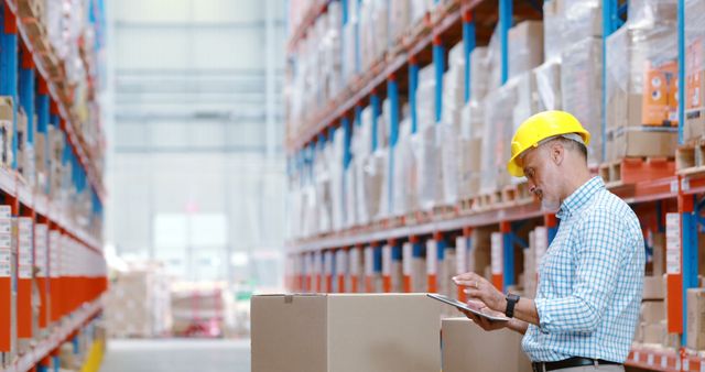 Warehouse manager inspecting inventory on digital tablet in large distribution center. Can be used for topics related to logistics, supply chain management, warehouse organization, and technology in logistics.