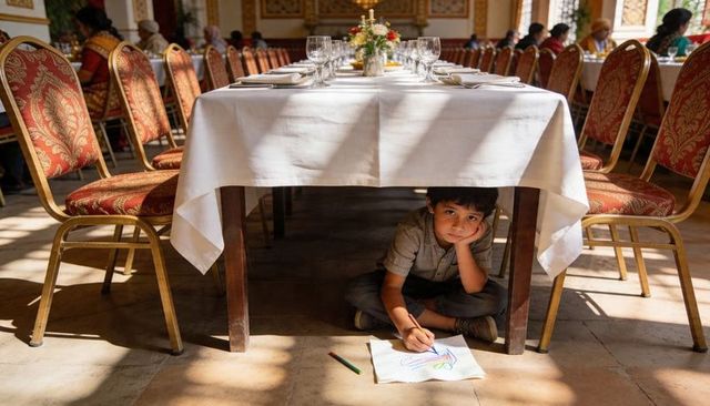Boy drawing under banquet table in sunlit ornate dining hall during celebration