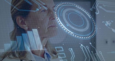 Senior Woman Engaging with Futuristic Digital Interface for Data Analysis