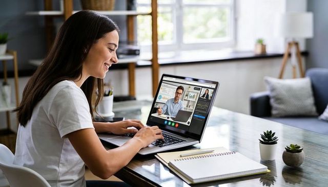 Young woman working remotely on laptop during video conference in bright home workspace smiling