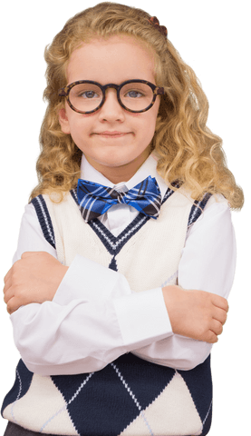 Confident schoolgirl in glasses on transparent background