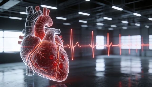 Holographic heart showing wireframe and glowing coronary vessels with red ecg waveform
