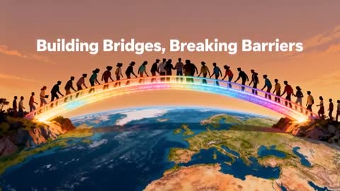 Walking Across Rainbow Bridge Over Earth Showing Global Unity and Breaking Barriers