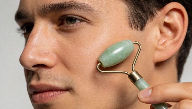 Man massaging cheek with jade roller closeup skincare routine natural stone facial massage