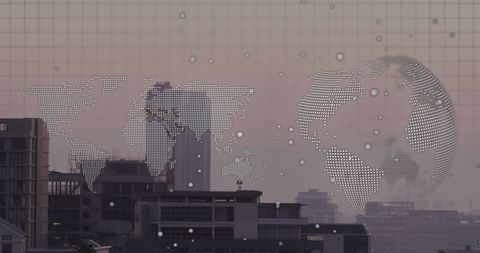 City view features overlays of a spinning globe and digital world map, enhancing connections and data visualization themes. Useful for business technology presentations, digital trend analysis, and urban development projects emphasizing global connectivity and modern networks.