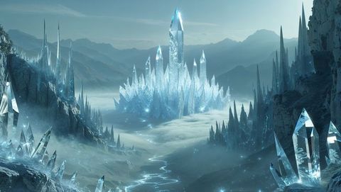 Majestic crystal palace in mystical mountain valley