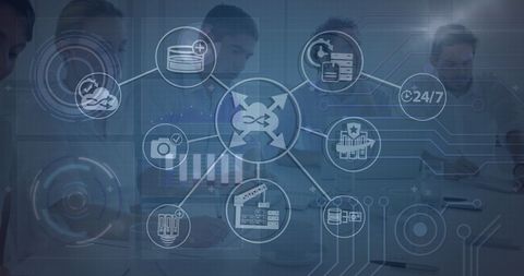 Digital Network Concept with Diverse Coworkers and Tech Icons - Download Free Stock Images Pikwizard.com