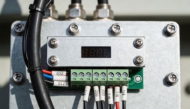 Industrial electrical junction box closeup with digital display and tagged terminal wiring