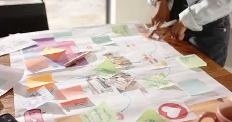 Diverse team collaborating on large planning sheet with colorful sticky notes and scissors