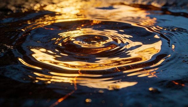 Golden ripple rings on water surface reflecting sunset light concentric abstract pattern