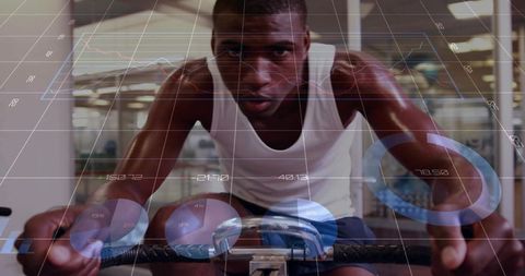 Intense indoor rowing workout with focused athlete and biometric performance hud overlay