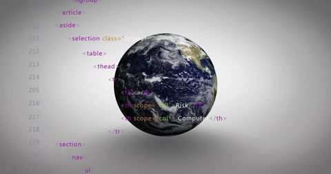 Floating earth globe with html code overlay for global data, cybersecurity, analytics