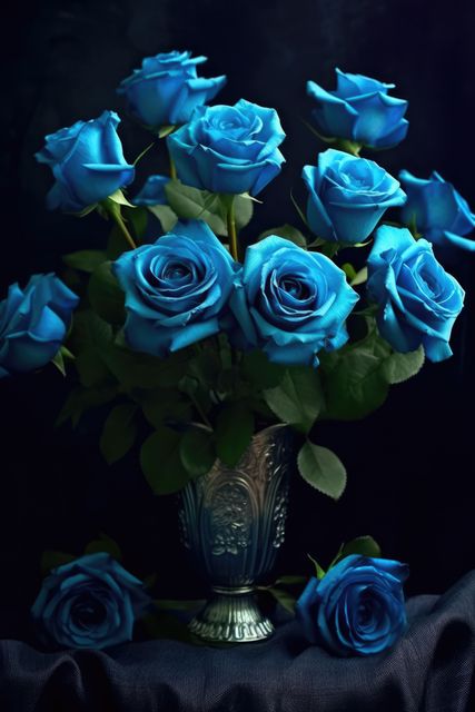 This image features a bouquet of vibrant blue roses in a beautifully ornate vase. The dark background accentuates the vivid color of the flowers, emphasizing their elegance and beauty. Ideal for use in floral arrangements, interior decoration projects, or themed designs. Perfect for promoting floral shops, for use in greeting cards, home decor inspiration, or fine art prints.