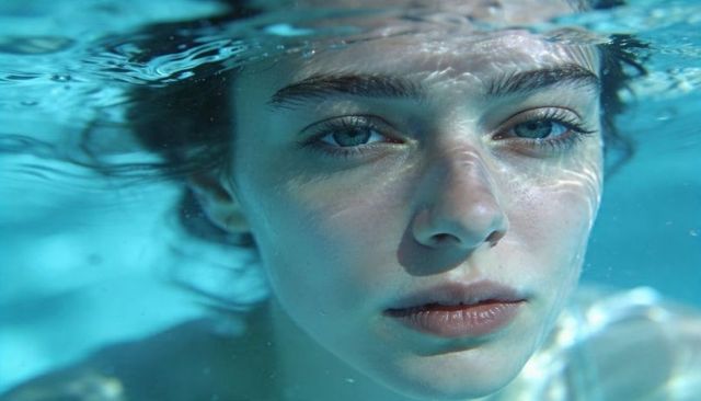 Underwater closeup woman floating and gazing through turquoise water with light refraction