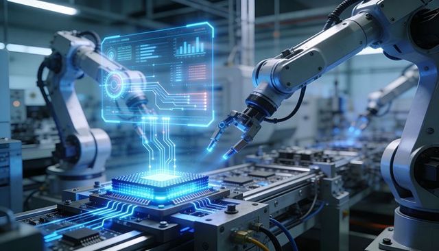 Robotic Arms Assembling Silicon Chip on Conveyor with Holographic Data Overlay Smart Factory