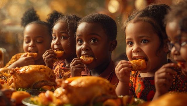 Siblings Sharing a Thanksgiving Feast at Festive Family Table