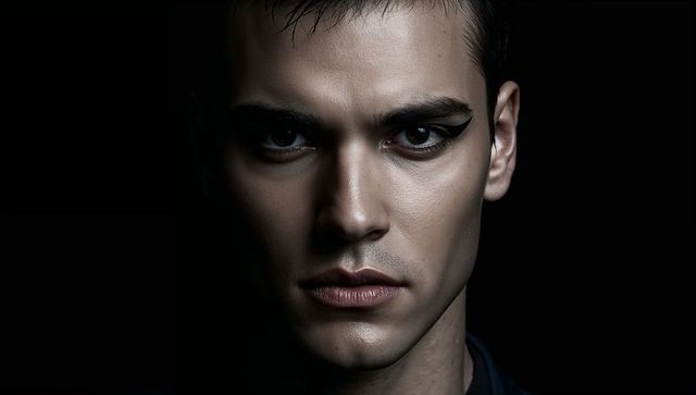 Intense male headshot with bold winged eyeliner, dramatic low-key lighting, moody portrait