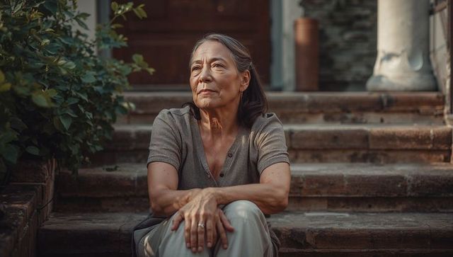 Contemplative senior asian woman sitting on front porch steps in warm golden hour