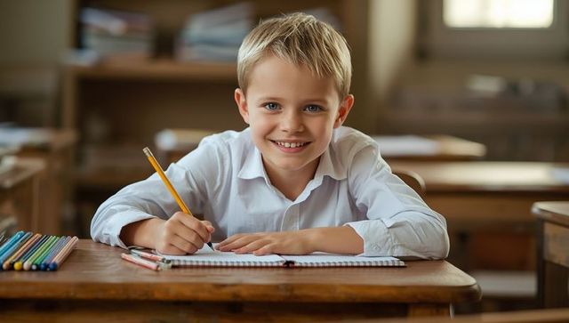 Young boy writing at school desk in classroom