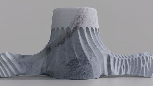 Monolithic carved stone sculpture featuring scalloped cylinder and winged arms, geometric texture