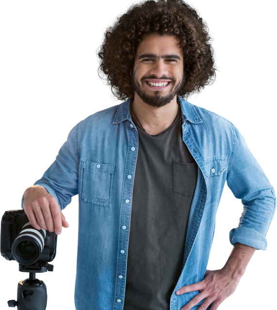 Smiling Photographer Holding Camera, Wearing Denim Shirt, on Transparent Background - Download Free Stock Videos Pikwizard.com