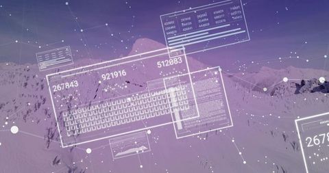 Futuristic holographic interfaces hovering above snowy mountain peaks