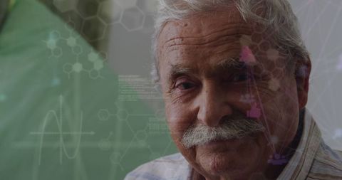 Elderly man with data overlay representing digital technology interface