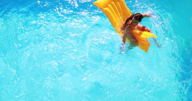 Young Girl Playing on Inflatable Raft in Sparkling Blue Pool - Download Free Stock Images Pikwizard.com