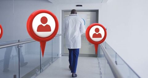 Doctor Walking in Hospital with Symbolic Media Communication Bubbles