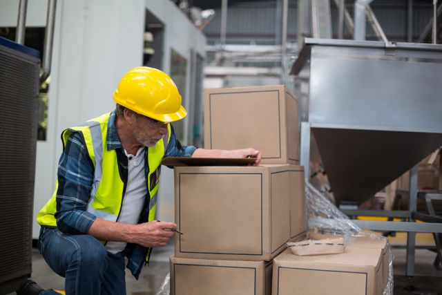 Male factory worker wearing a hard hat and safety vest counting cardboard boxes in a production facility. Ideal for use in articles or advertisements related to manufacturing, logistics, inventory management, and industrial safety.