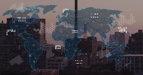 Digital world map overlay on urban cityscape