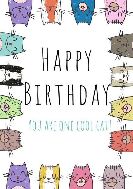 Playful and whimsical birthday card design featuring cute, colorful cats and a cheerful 'Happy Birthday' message. Suitable for friends, family, or any cat lover to celebrate a special day in a fun, lighthearted way. Use this card to add a touch of humor and joy to birthday wishes.