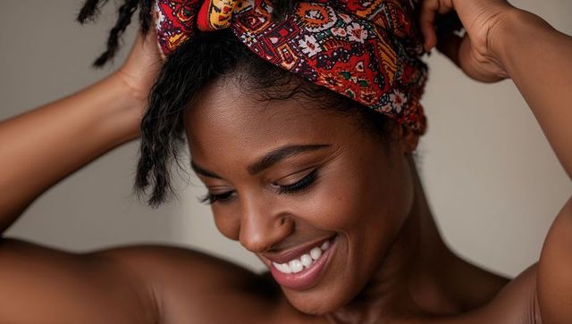 Smiling black woman adjusting red patterned headscarf closeup natural makeup portrait
