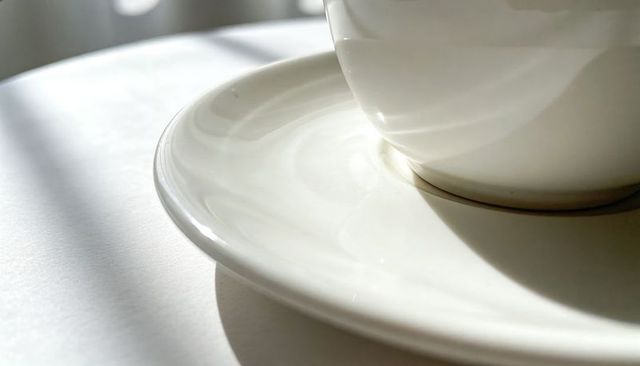 Resting white porcelain cup and saucer catching soft diagonal window light, minimalist
