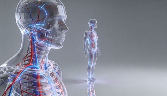Translucent human anatomy showing skull, vascular system and full-body skeletal model