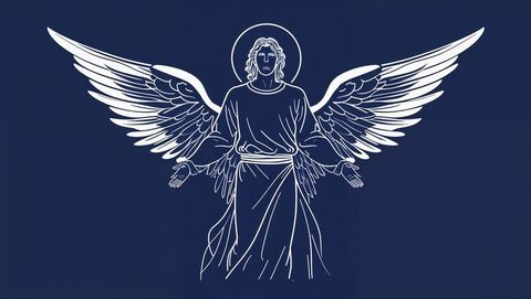 Minimalist Angelic Figure with Open Arms and Halo on Blue Background