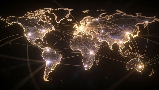 Glowing global network map connecting hub nodes with curved arcs and digital data flow