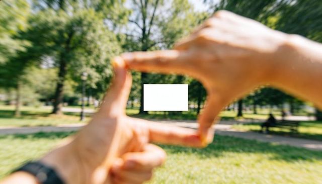 Hands framing rectangular view in sunlit park with white card for creative mockup branding